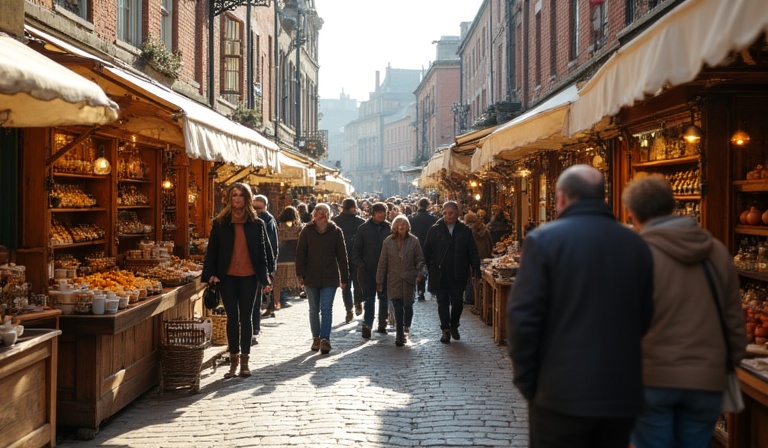 Colourful artisan market with craft stalls and visitors at a Dublin heritage fair
